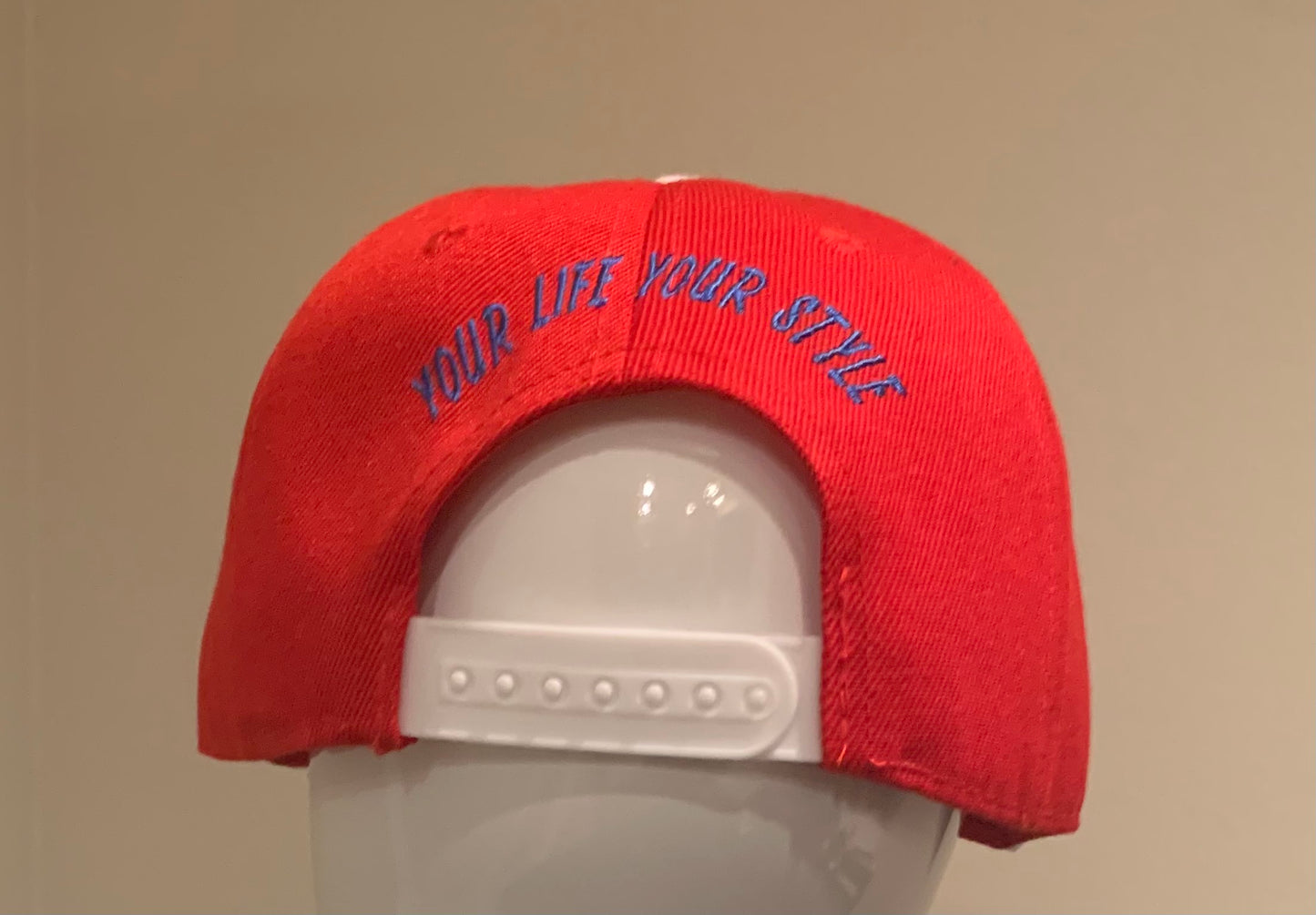 Red/White Snap Back with Blue Logo